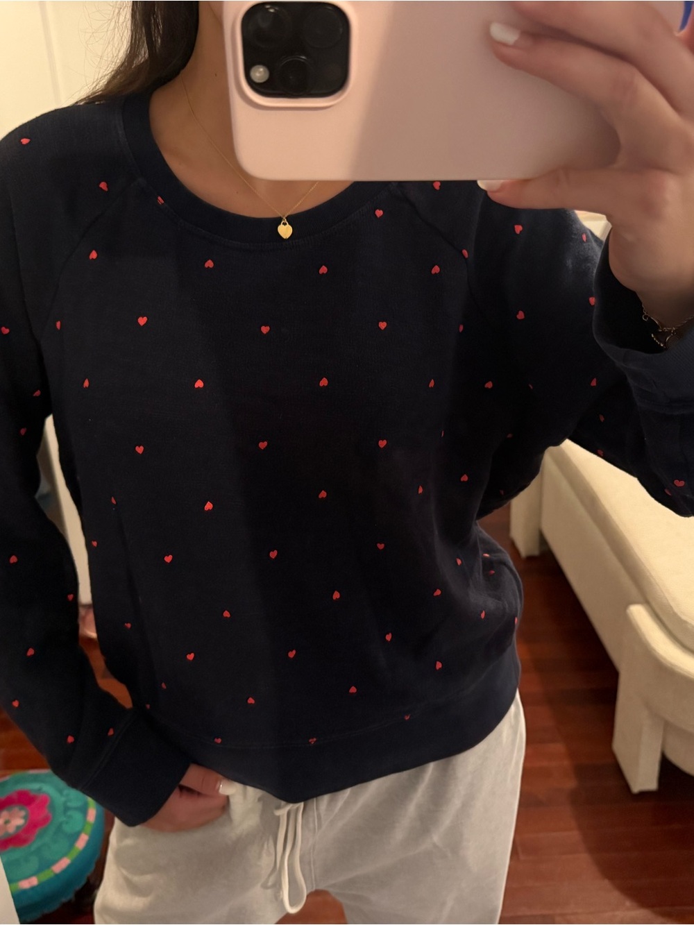 J. Crew Navy Crewneck Sweater with Red Heart Print